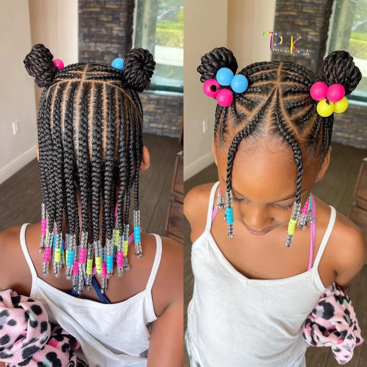 Double buns with neon and clear beads