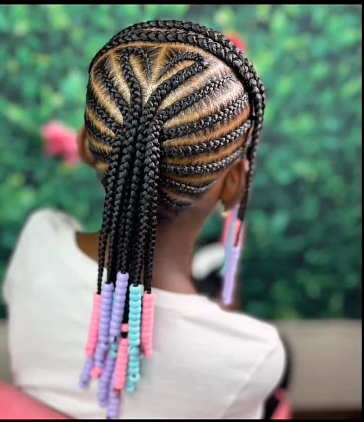 Fan patterned cornrows with pastel beads