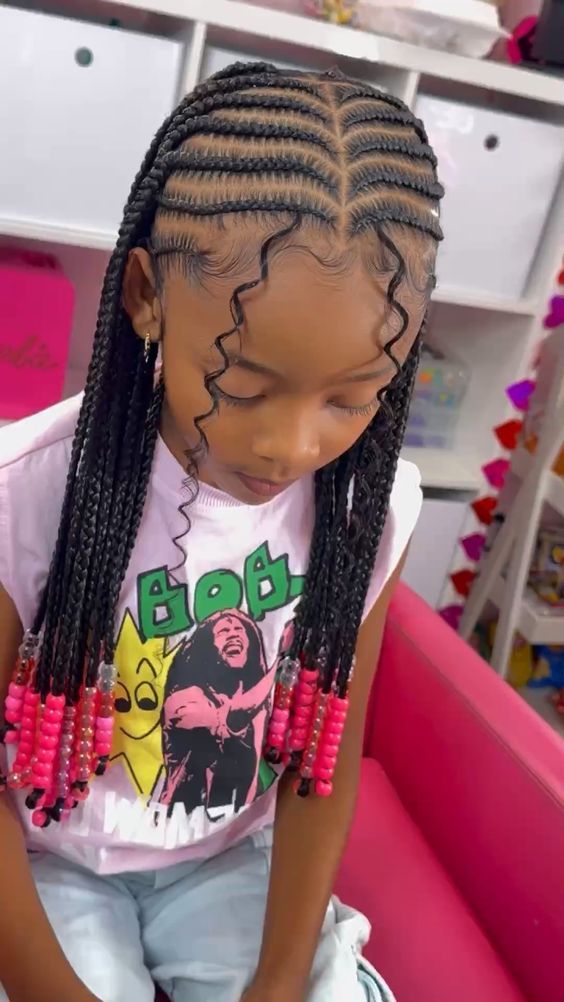 Straight back braids with pink beads and baby hairs